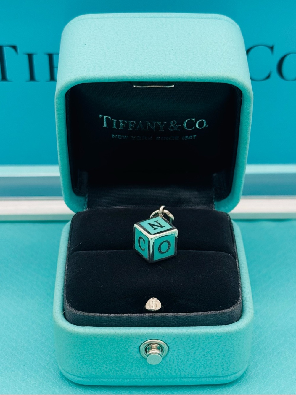 Tiffany & Co. Enamel Blue Toy Block Charm Pendant in Silver